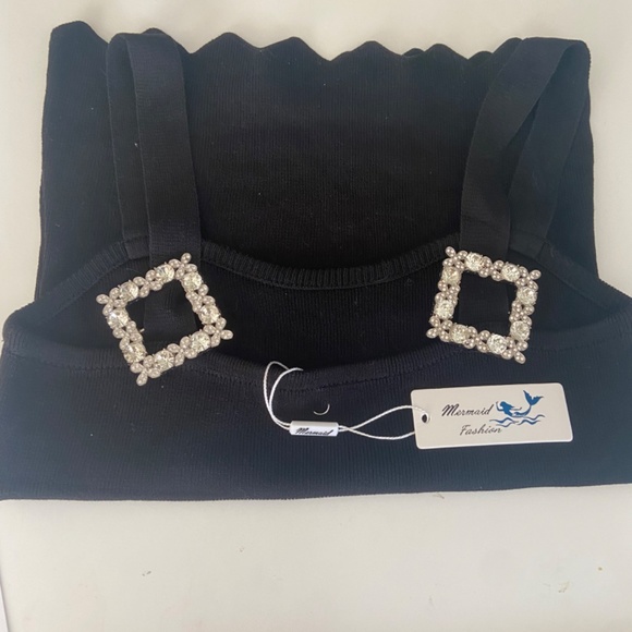 Black Knit Crop Top or Tank With Crystal Detail - Picture 3 of 7